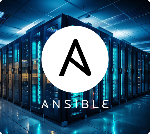 Logo Ansible v místnosti plné serverů